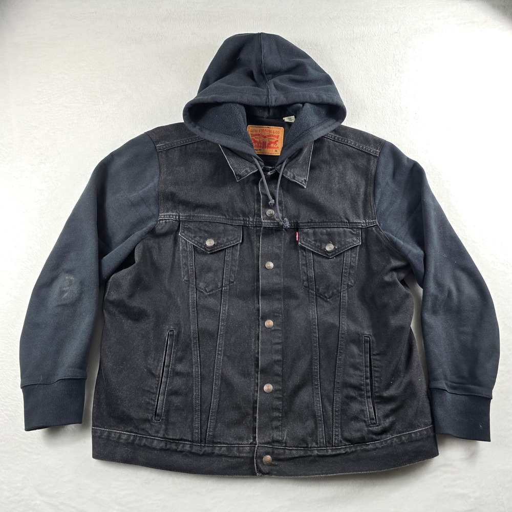 Levis Mens XL Vintage Fit Black Denim Hooded Trucker Jacket Mixed Media Coat